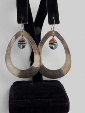 Vintage Sterling Silver Multistone Inlay Teardrop Dangle Earrings Southwestern